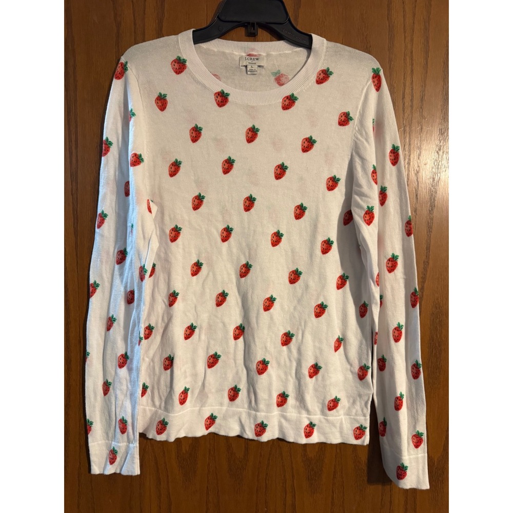 J.Crew Teddie Sweater White Cotton Strawberry Print Crewneck Pullover Large